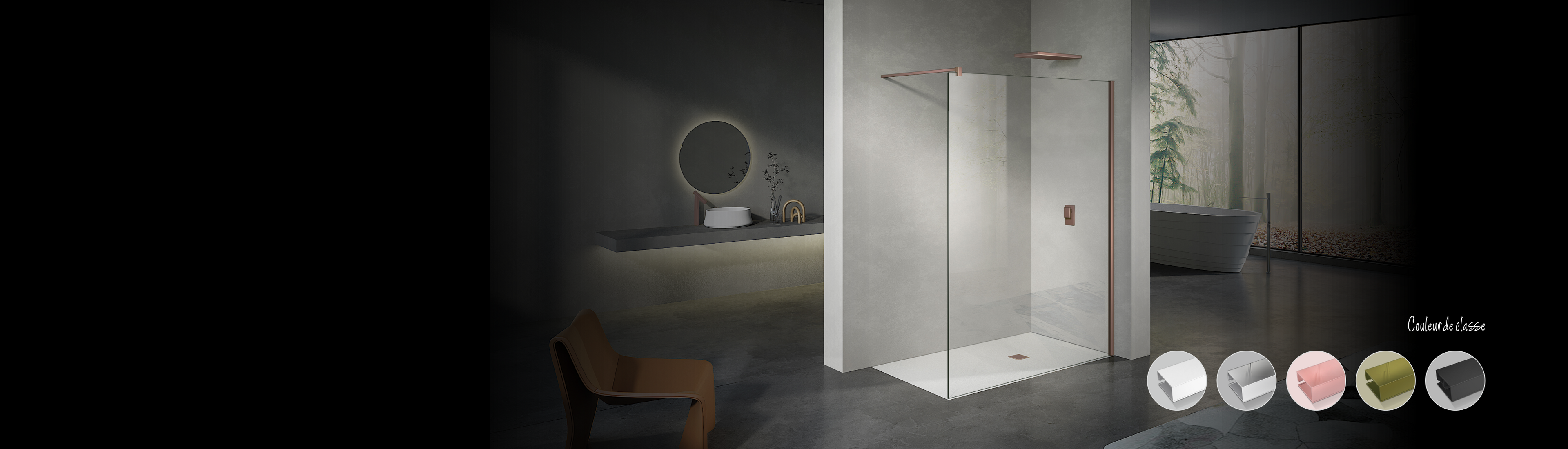 Paroi de douche en verre securit transparent avec profilé mural et barre de fixation en aluminium bronze