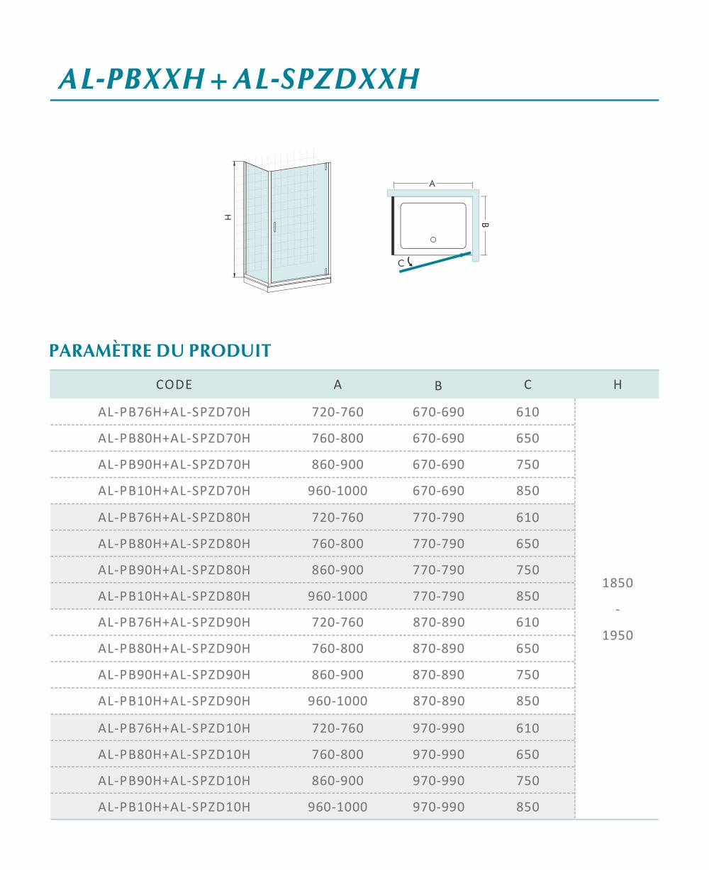 Cabine de douche en verre securit transparent 6mm anticalcaire avec porte pivotante et paroi fixe hauteur 195cm