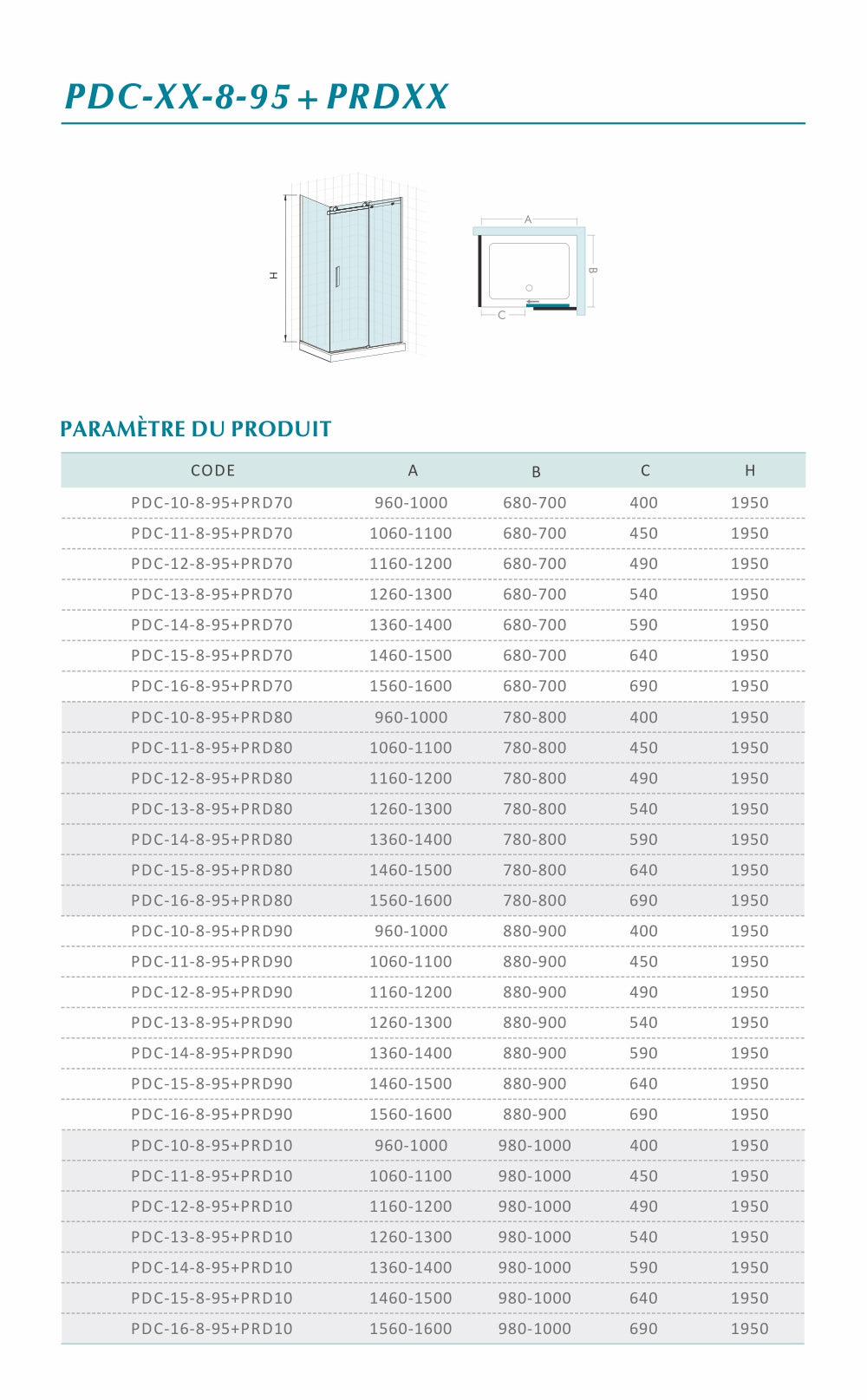 fiche technique cabine de douche avec porte coulissante 8mm hauteur 195cm