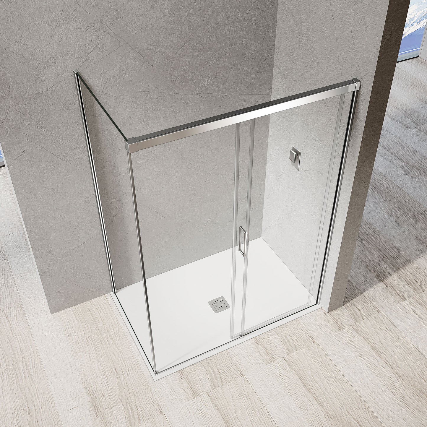 Cabine de douche de coin avec accès de face par porte coulissante profilés chromés