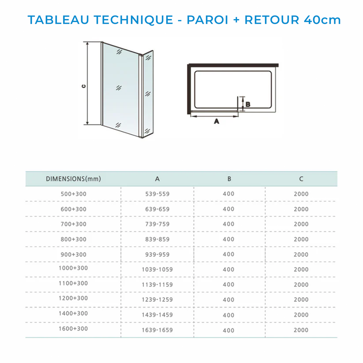 Paroi de douche avec retour pivotant en verre securit 8 mm transparent