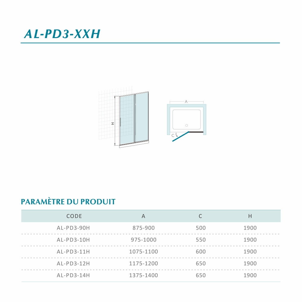Fiche technique pour porte de douche avec élément fixe