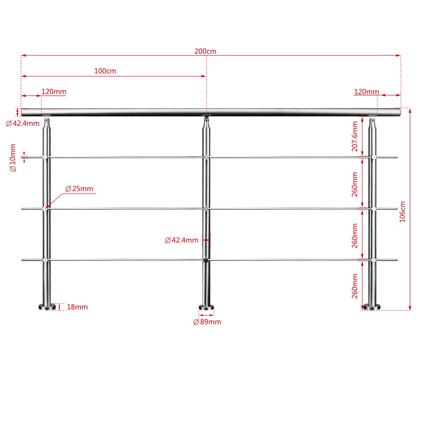 Kit Garde-corps en acier inoxydable Balustrade à 3 traverses fixation à plat