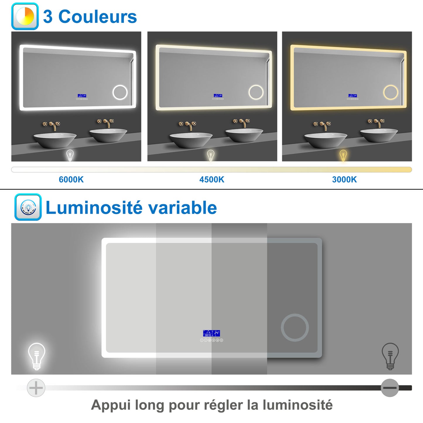 Miroir intelligent avec éclairage LED température de couleurs réglable