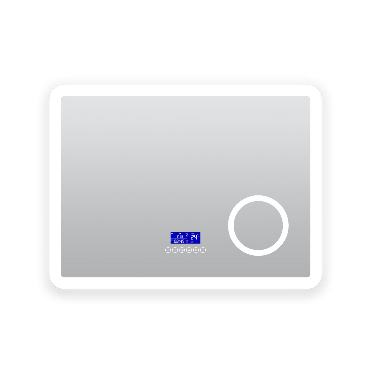 Miroir intelligent avec afficheur date et heure et zone grossissante pour salle de bain