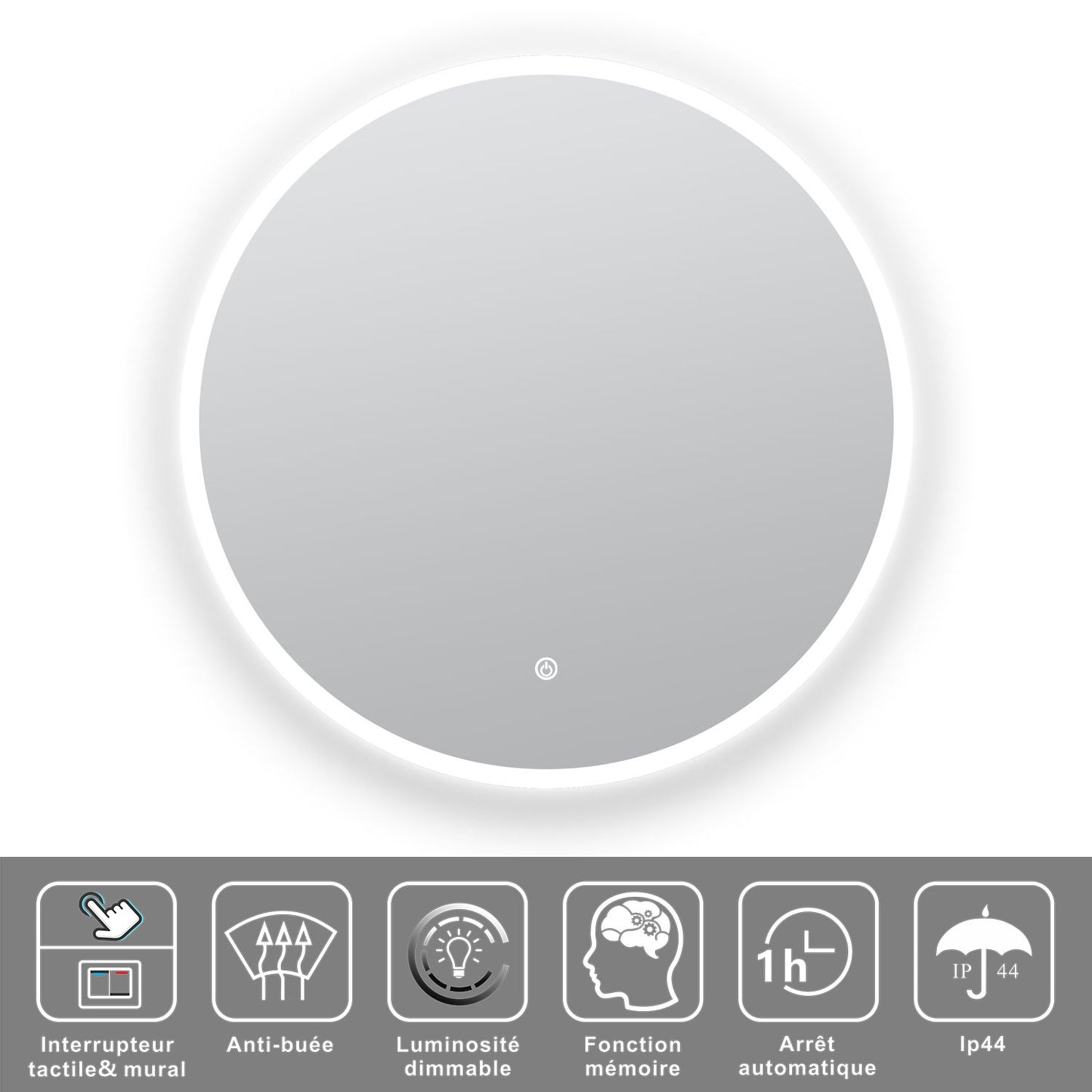 Miroir Rond pour salle de bain avec éclairage LED et anti-buée avec bouton tactile