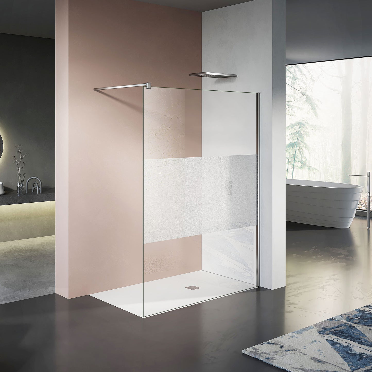 Paroi de douche en verre sablé au centre et accessoires chromés