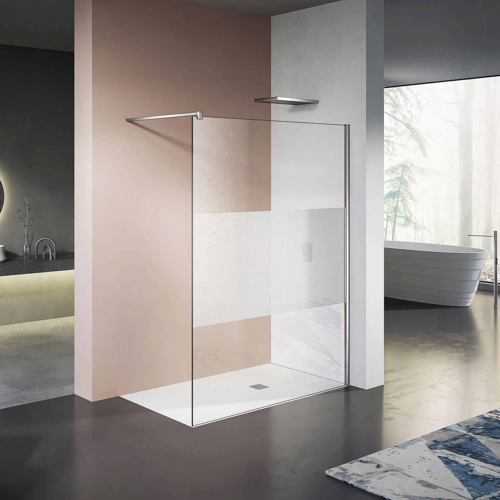 Paroi de douche en verre sablé au centre et accessoires chromés