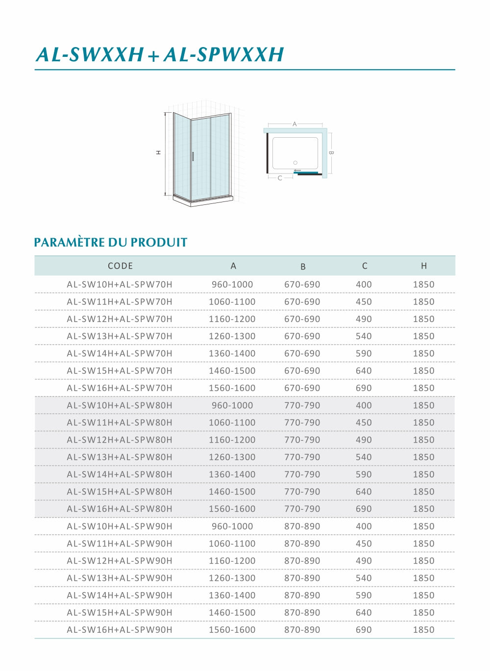 Fiche technique cabine en L porte coulissante et paroi latérale fixe