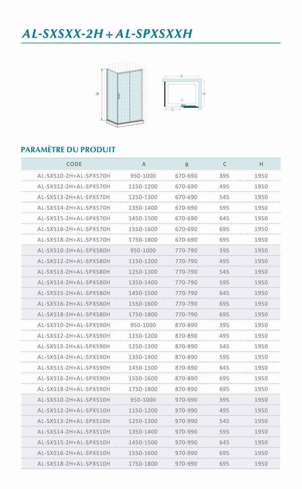 fiche technique cabine de douche en L porte coulissante et paroi latérale fixe hauteur 195cm vitre 8mm transparent