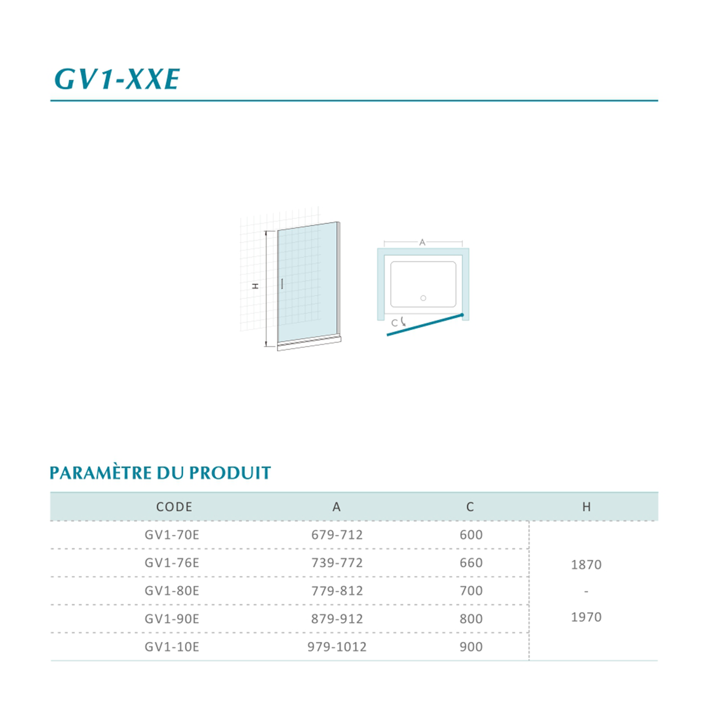 Fiche technique pour porte de douche pivotante en verre clair