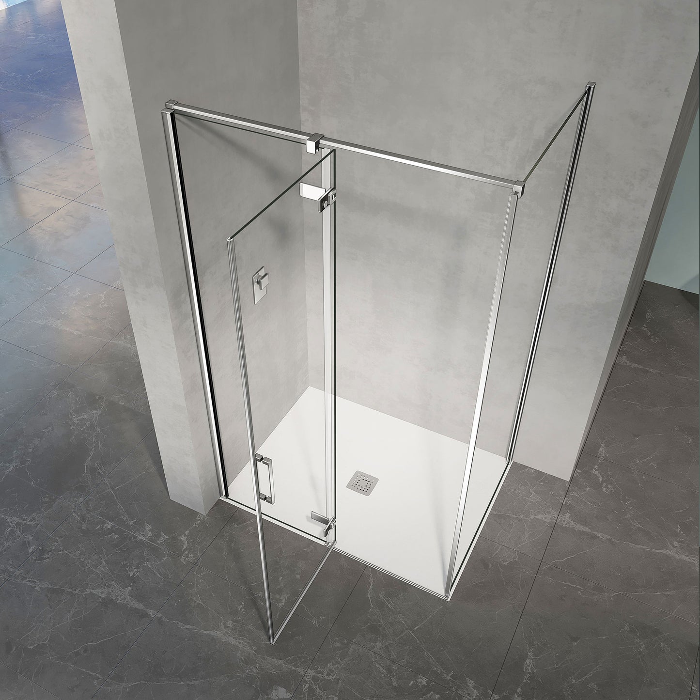 Cabine de douche avec porte à charnières ouverture vers l'extérieur profilés en alu chromé