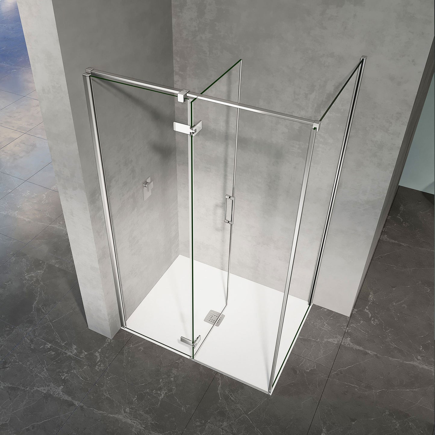 Cabine de douche avec porte à charnières ouverture vers l'intérieur profilés en alu chromé