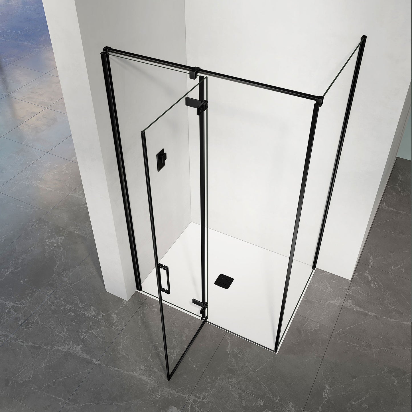 Cabine de douche avec porte à charnières ouverture vers l'extérieur profilés en alu noir mat