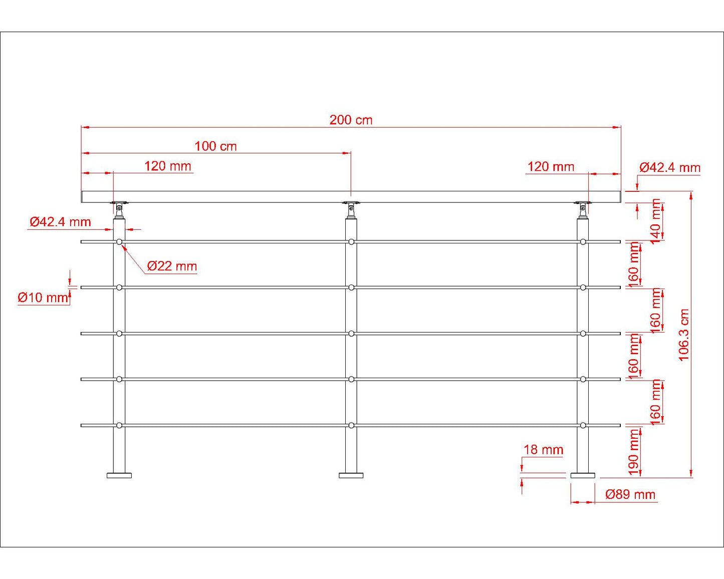Garde-corps en inox 304 pour terrasse ou escalier à 5 barreaux Intérieur ou extérieur