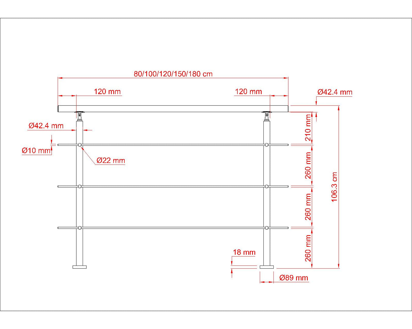 Garde-corps en inox 304 pour terrasse ou escalier à 5 barreaux Intérieur ou extérieur