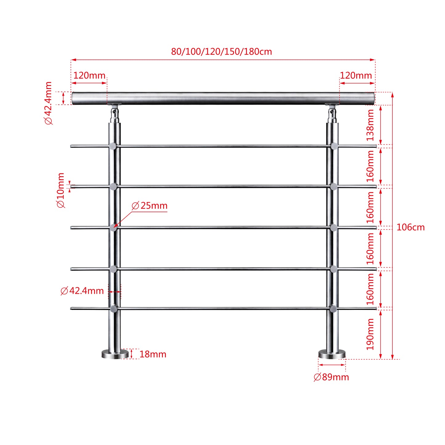Kit Garde-corps en acier inoxydable Balustrade à 5 traverses largeur 80-200cm fixation à plat