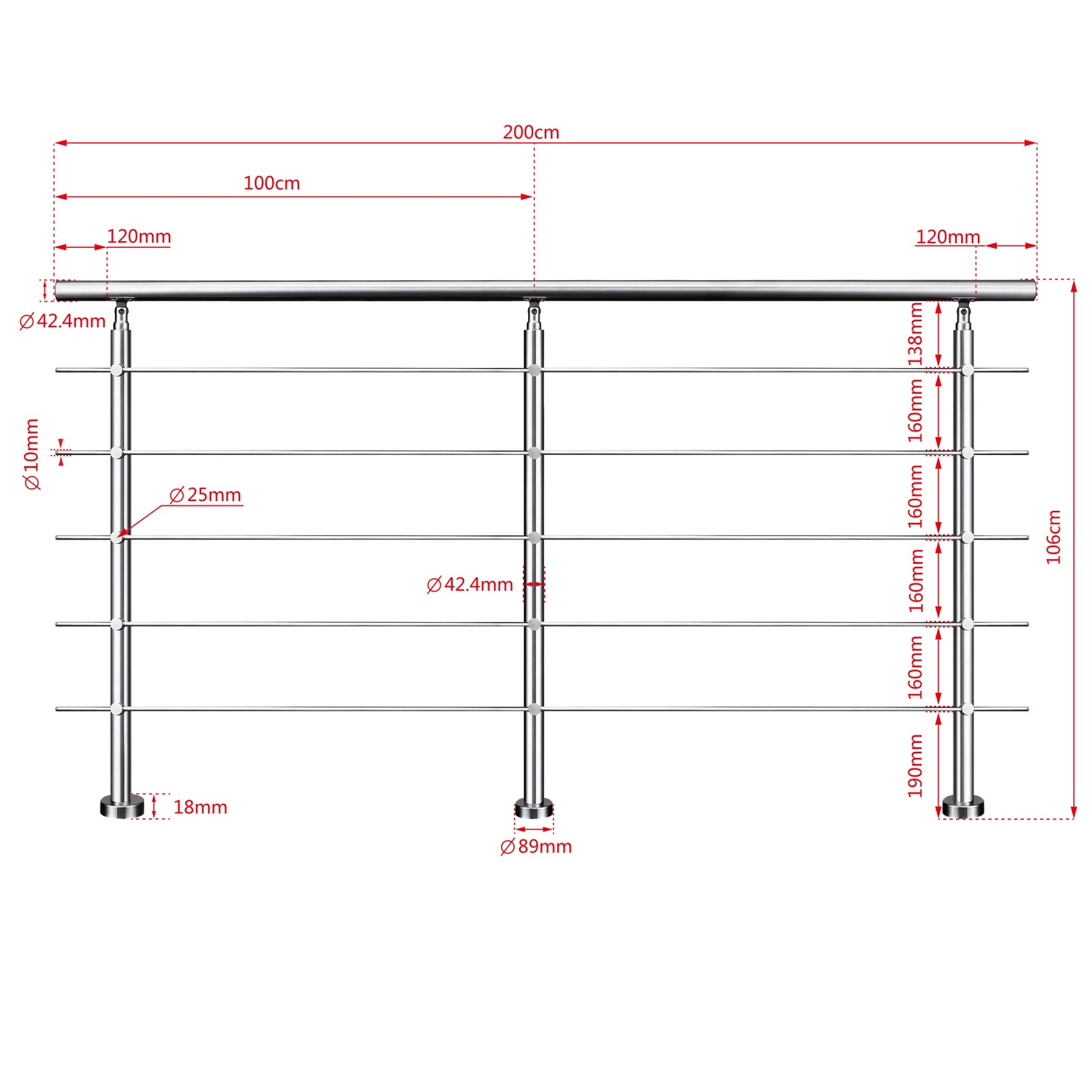 Kit Garde-corps en acier inoxydable Balustrade à 5 traverses largeur 80-200cm fixation à plat
