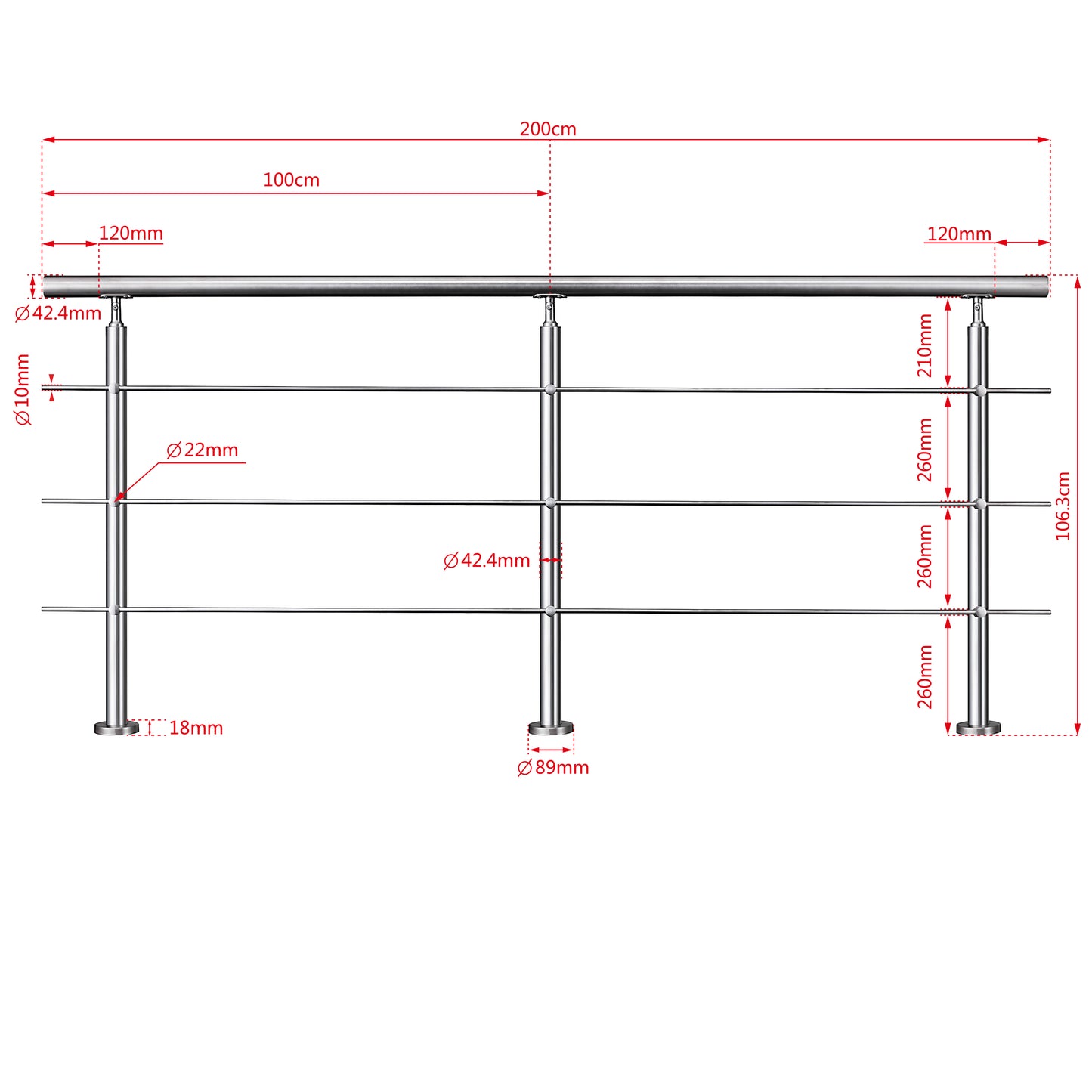 Garde-corps en inox 304 pour terrasse ou escalier à 3 barreaux fixation à plat
