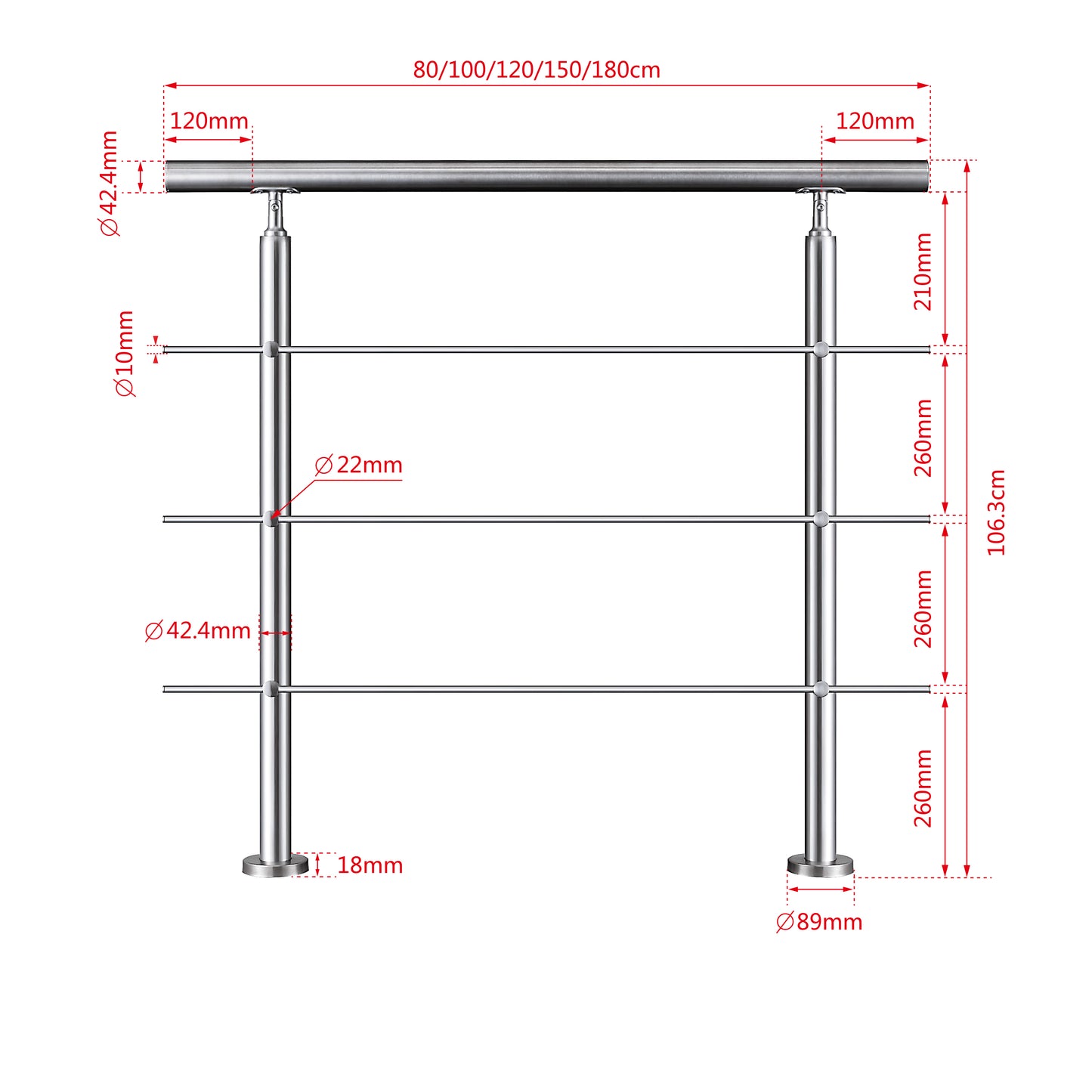 Garde-corps en inox 304 pour terrasse ou escalier à 3 barreaux fixation à plat