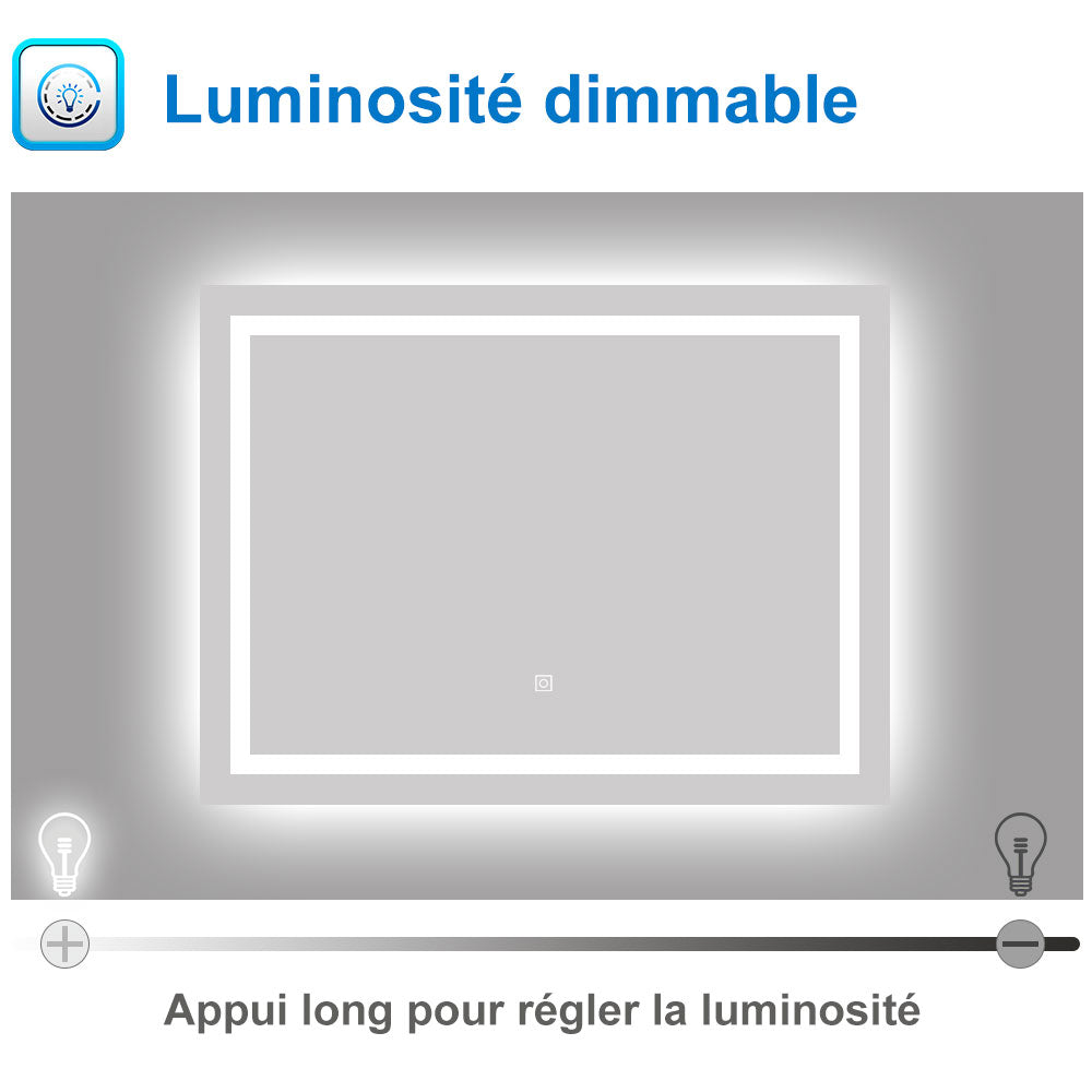 Miroir LED pour salle de bain pose réversible cm -anti-buée interrupteur tactile