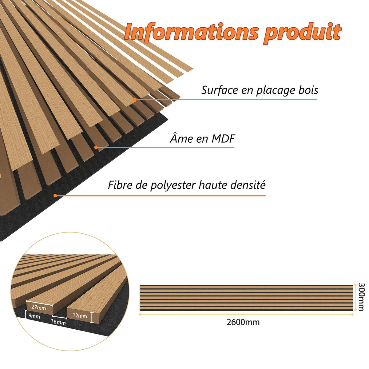 Panneaux acoustique décoratif tasseaux bois finition chêne foncé absoption sonore NRC 0,7