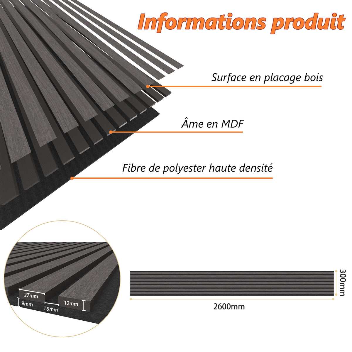 Panneaux acoustique décoratif tasseaux bois finition chêne grisé absoption sonore NRC 0,7