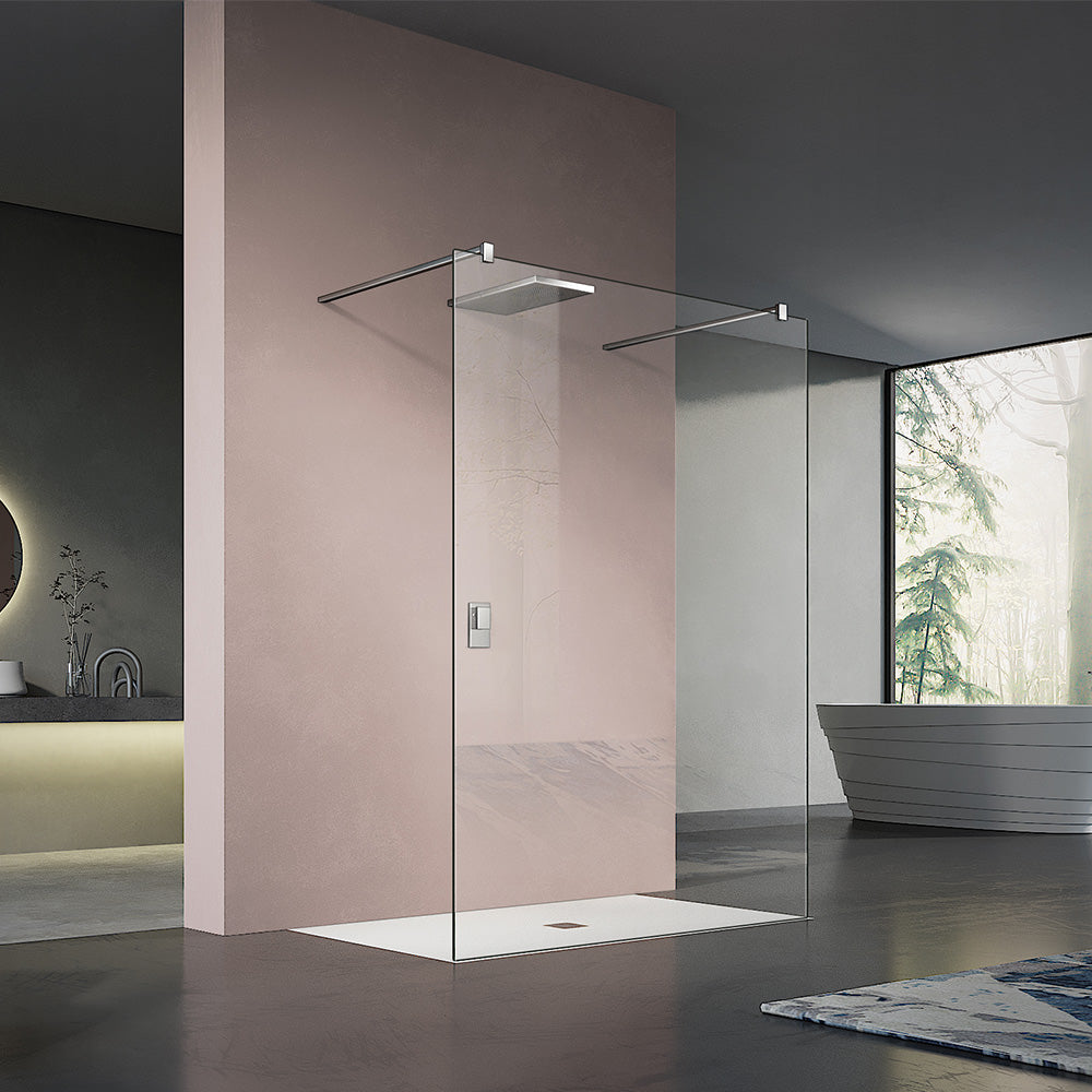 Paroi de douche à l'italienne en verre 8mm transparent avec 2 barres de maintien sans profilé mural et sans cadre