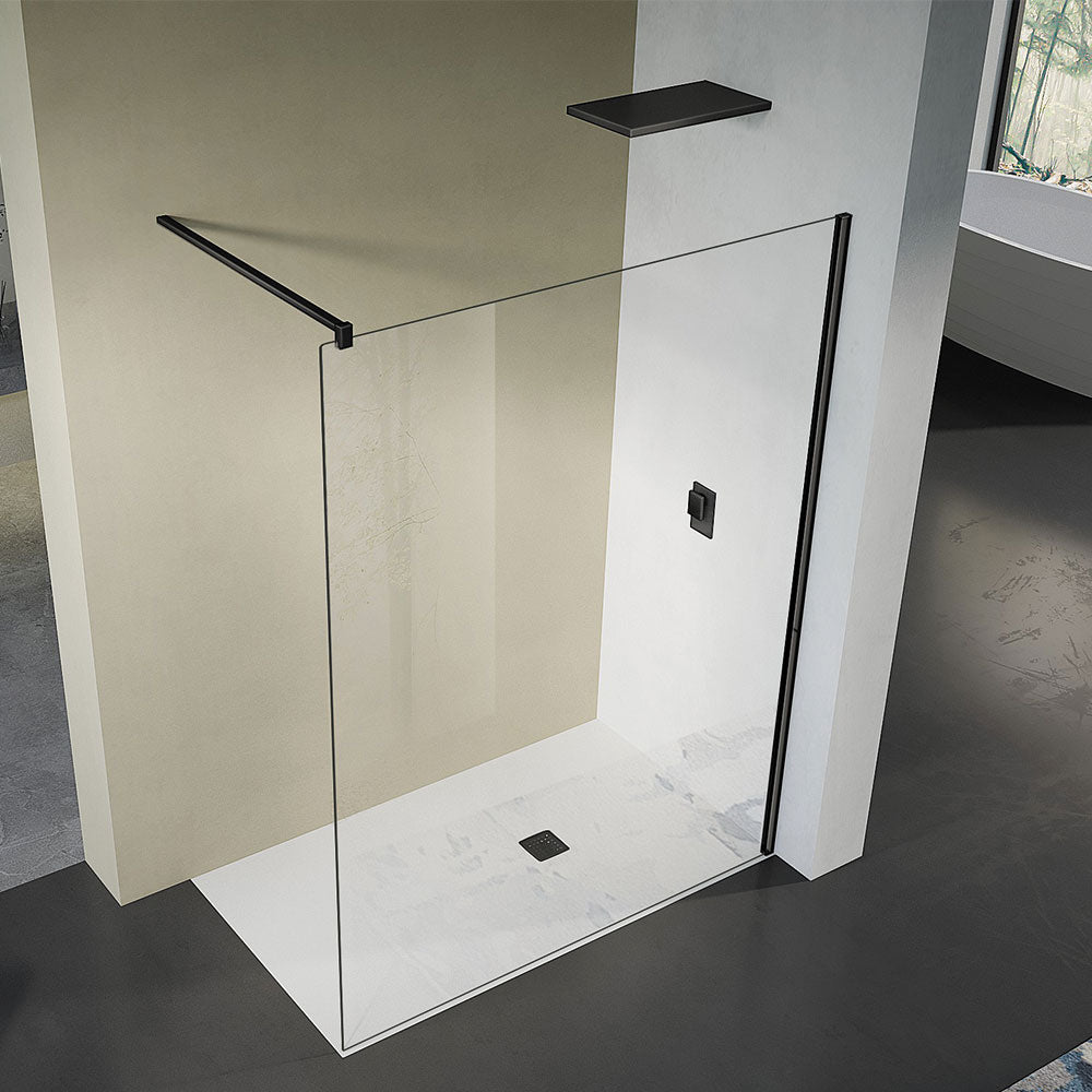 Paroi de douche walkin en verre securit 8mm transparent anticalcaire avec profilé mural et barre de fixation en aluminium anodisé noir mat