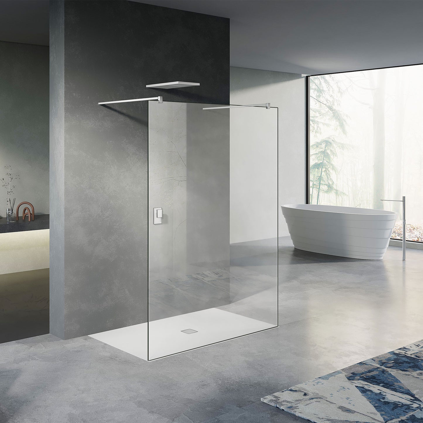 paroi de douche en verre sans cadre avec deux barres de fixation en alu blanc mat