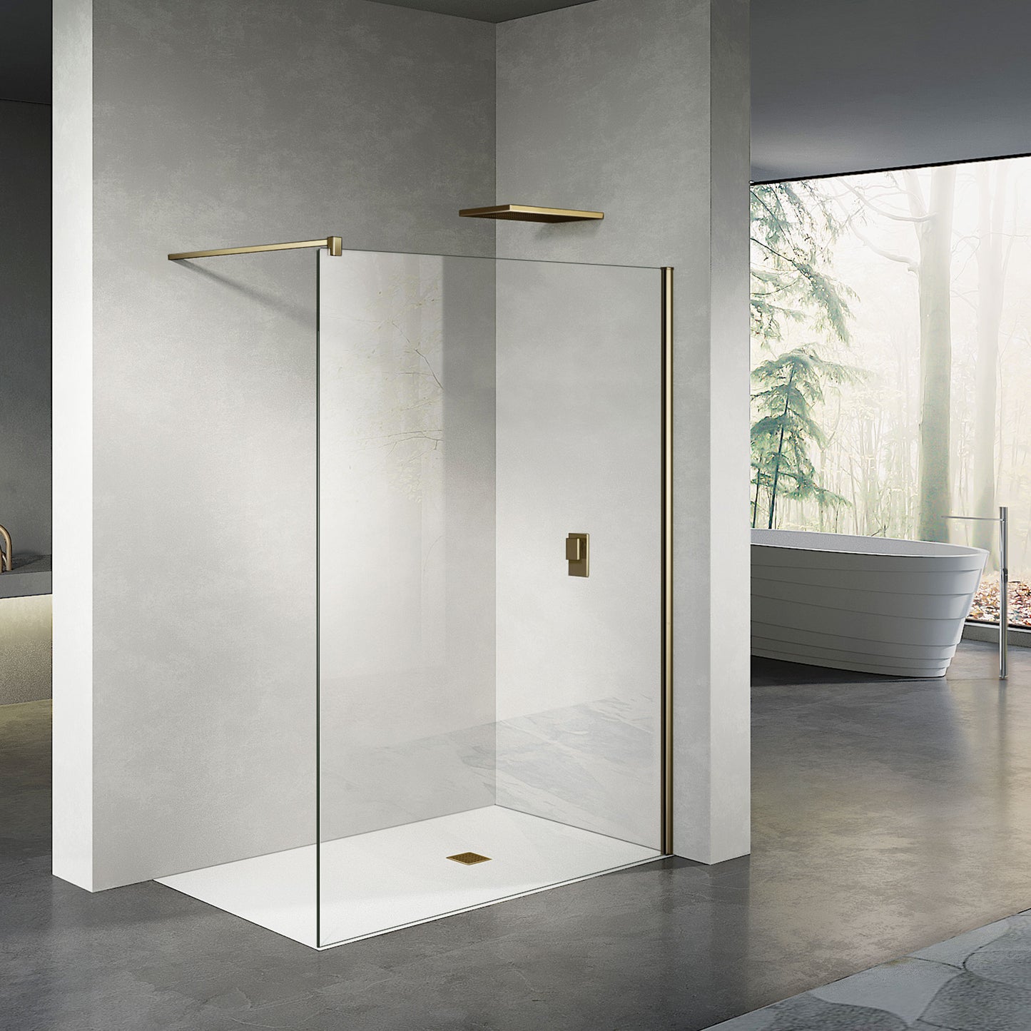 Paroi transparente avec profilé mural et barre de fixation en aluminium doré