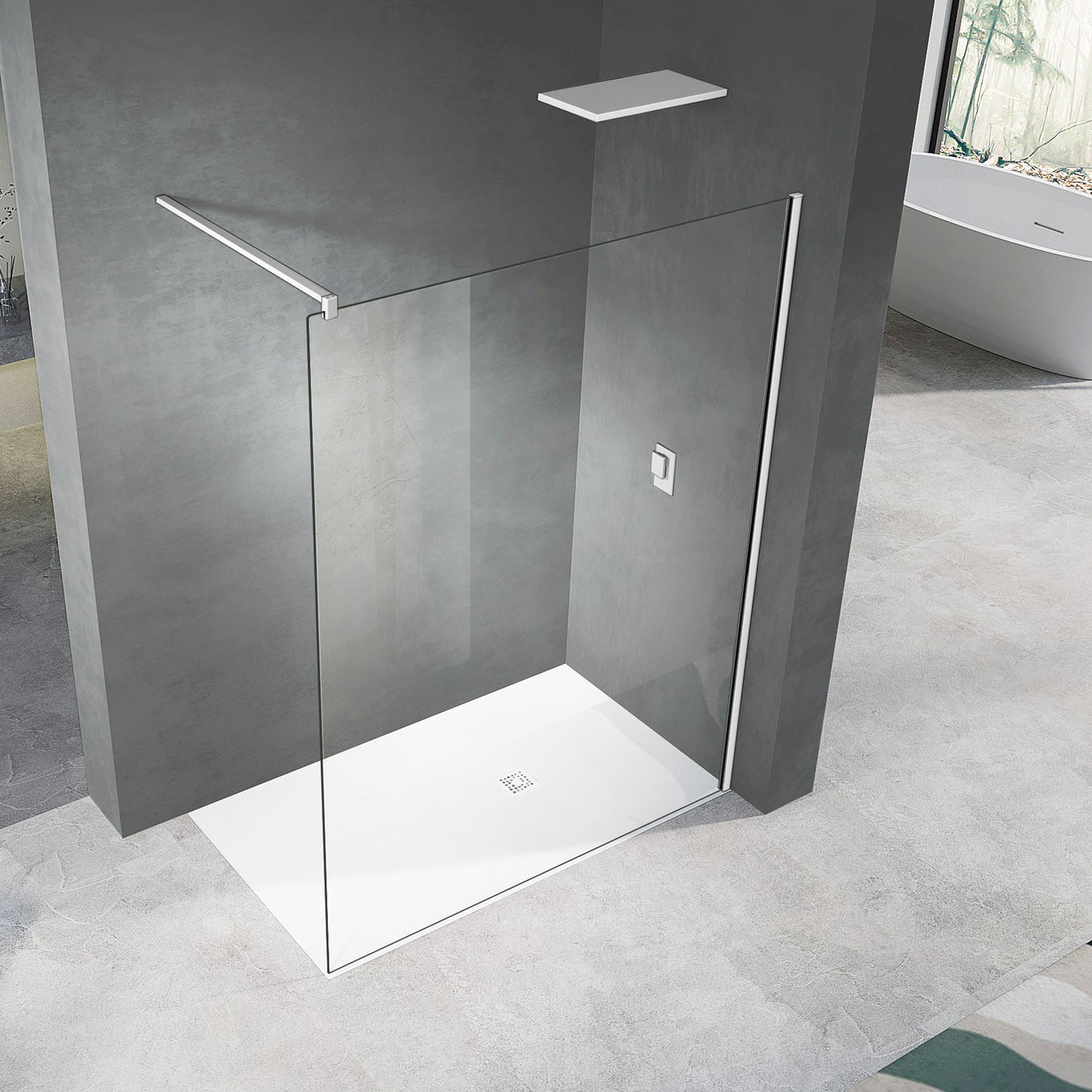 Paroi transparente avec profilé mural et barre de fixation en alu blanc mat