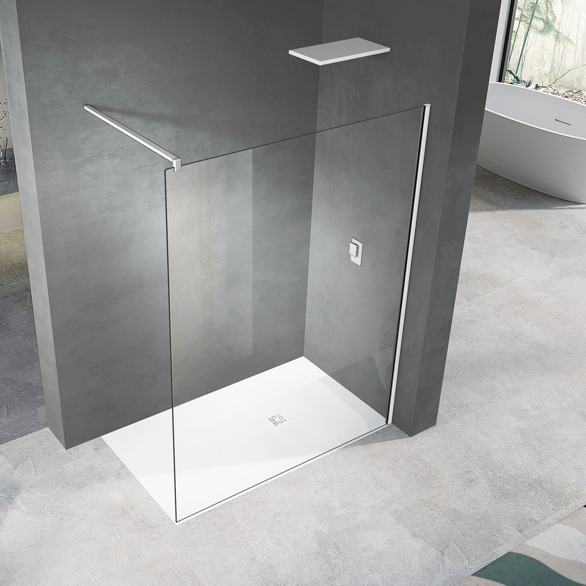 Paroi transparente avec profilé mural et barre de fixation en alu blanc mat