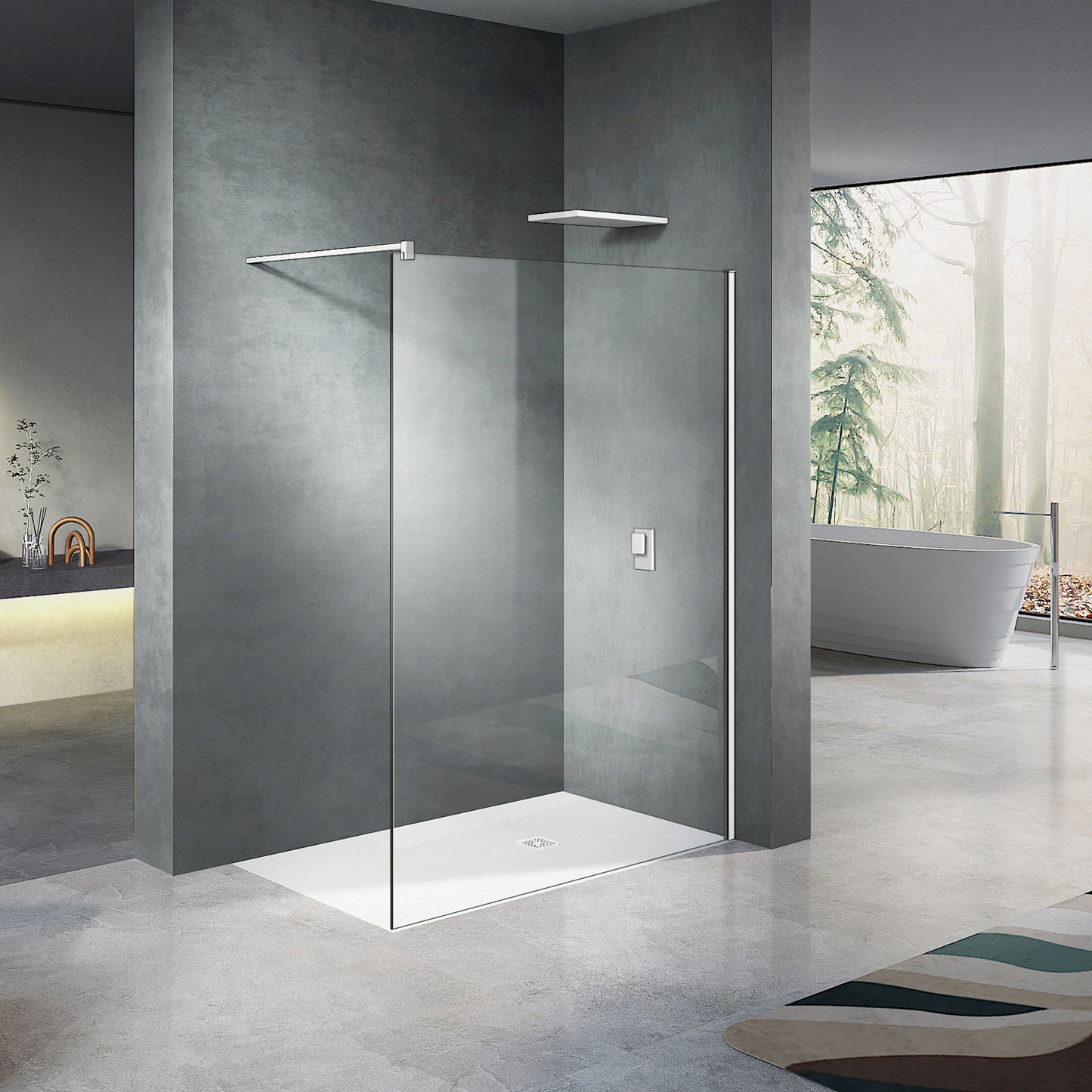 Paroi transparente avec profilé mural et barre de fixation en alu blanc mat