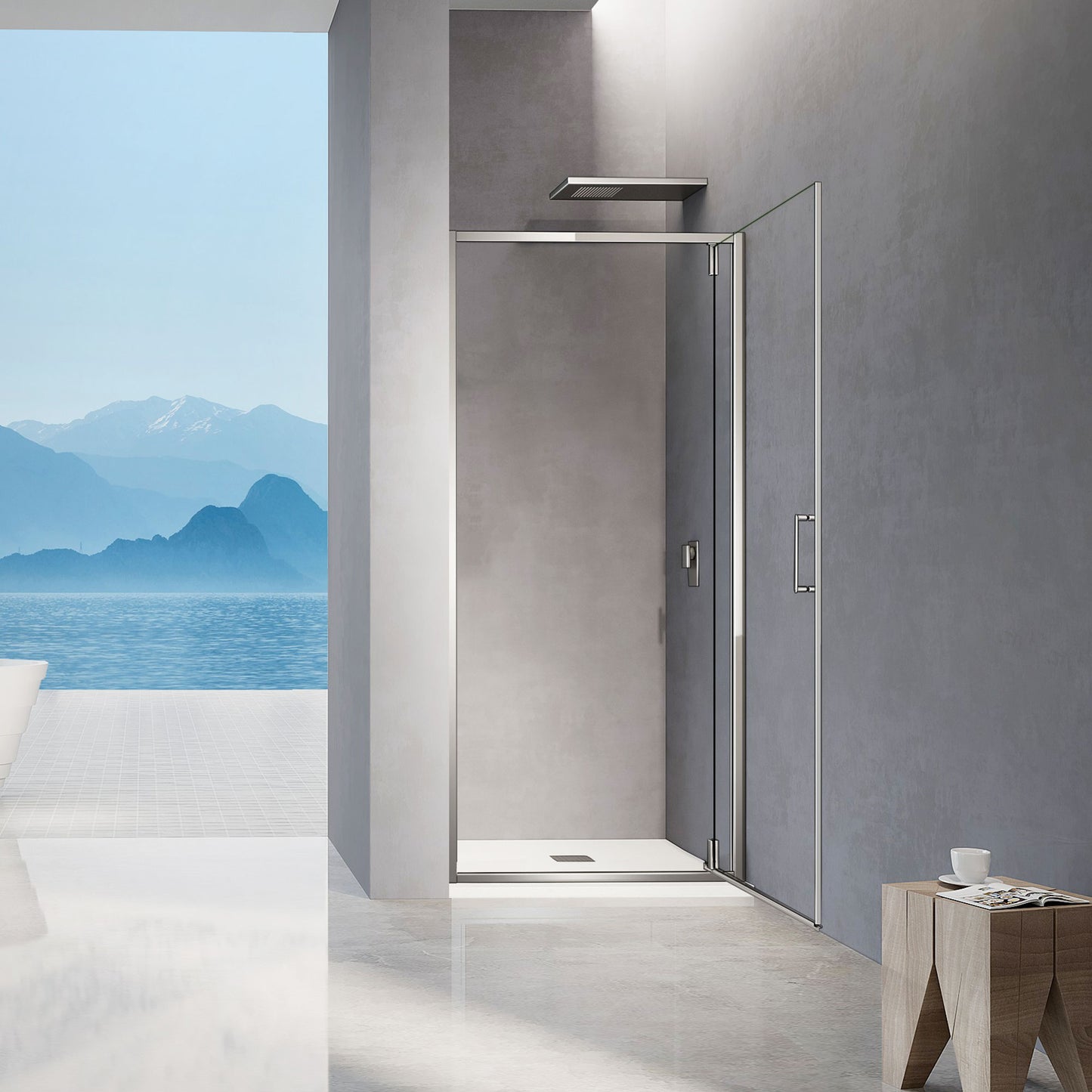 Porte de douche pivotante h195 profilés alu chromé ouverte vers l'extérieur