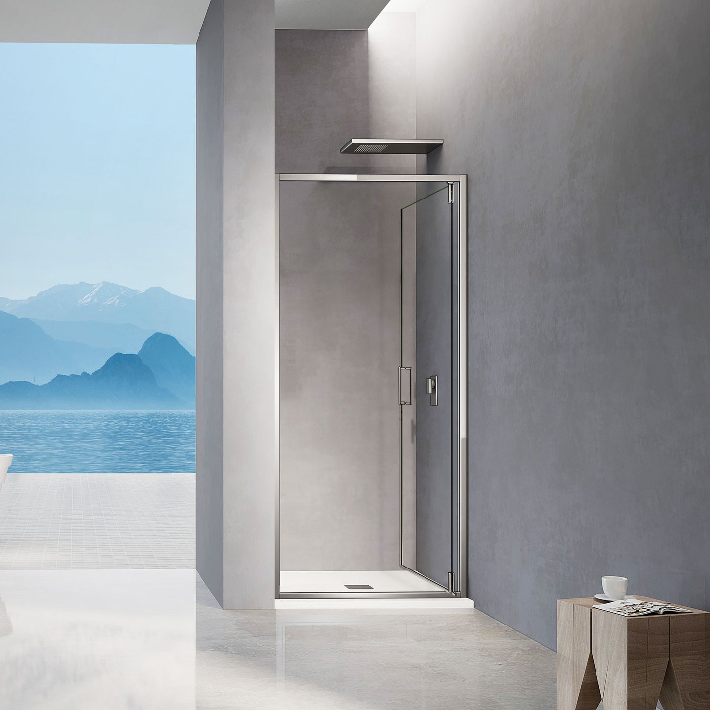 Porte de douche pivotante h195 profilés alu chromé ouverte vers l'intérieur