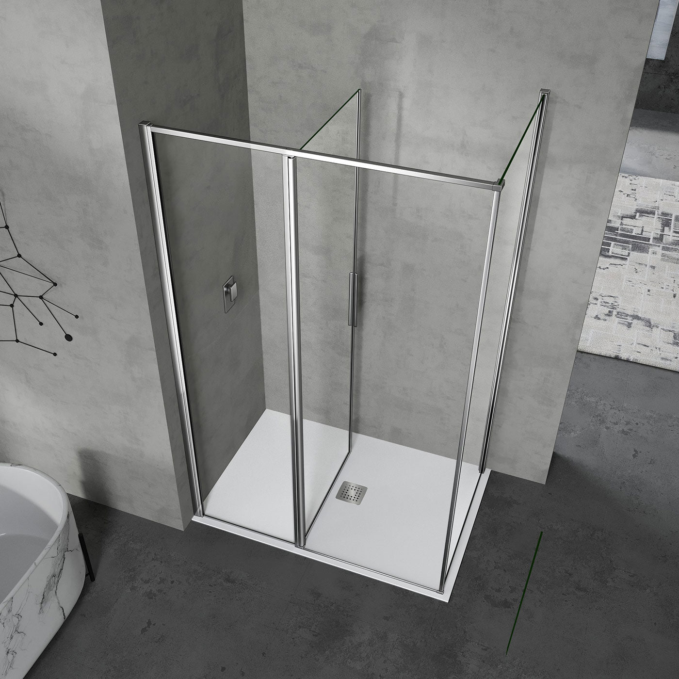 grandverre cabine de douche pivotante avec élément fixe et porte ouverture 180° vers l'intérieur et vers l'extérieur profilés en aluminium chromé aspect inox