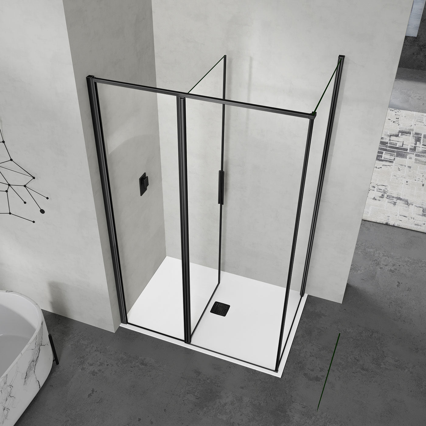 grandverre cabine de douche pivotante avec élément fixe et porte ouverture 180° vers l'intérieur et vers l'extérieur profilés en aluminium noir mat
