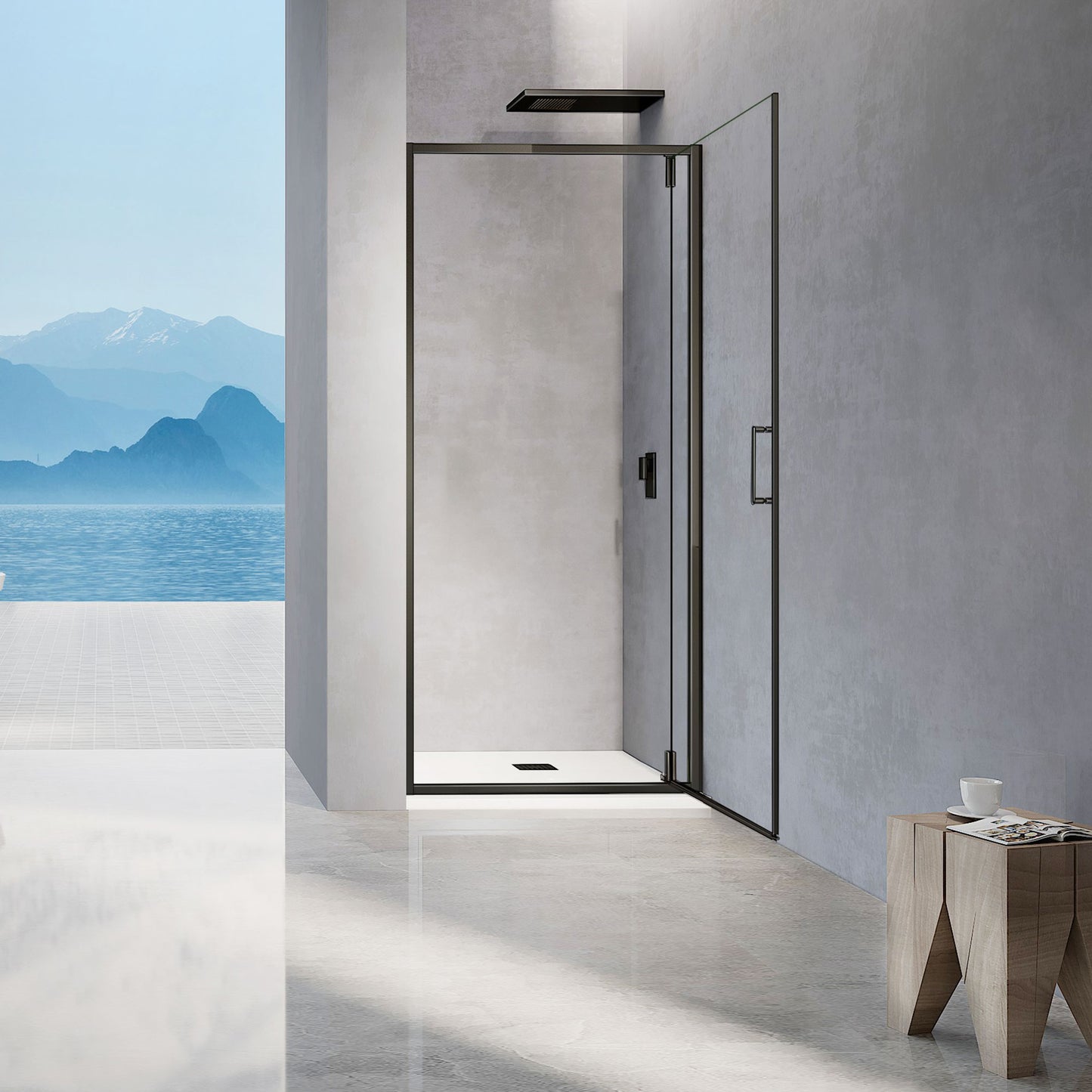 Porte de douche pivotante h195 profilés alu noir ouverte vers l'extérieur
