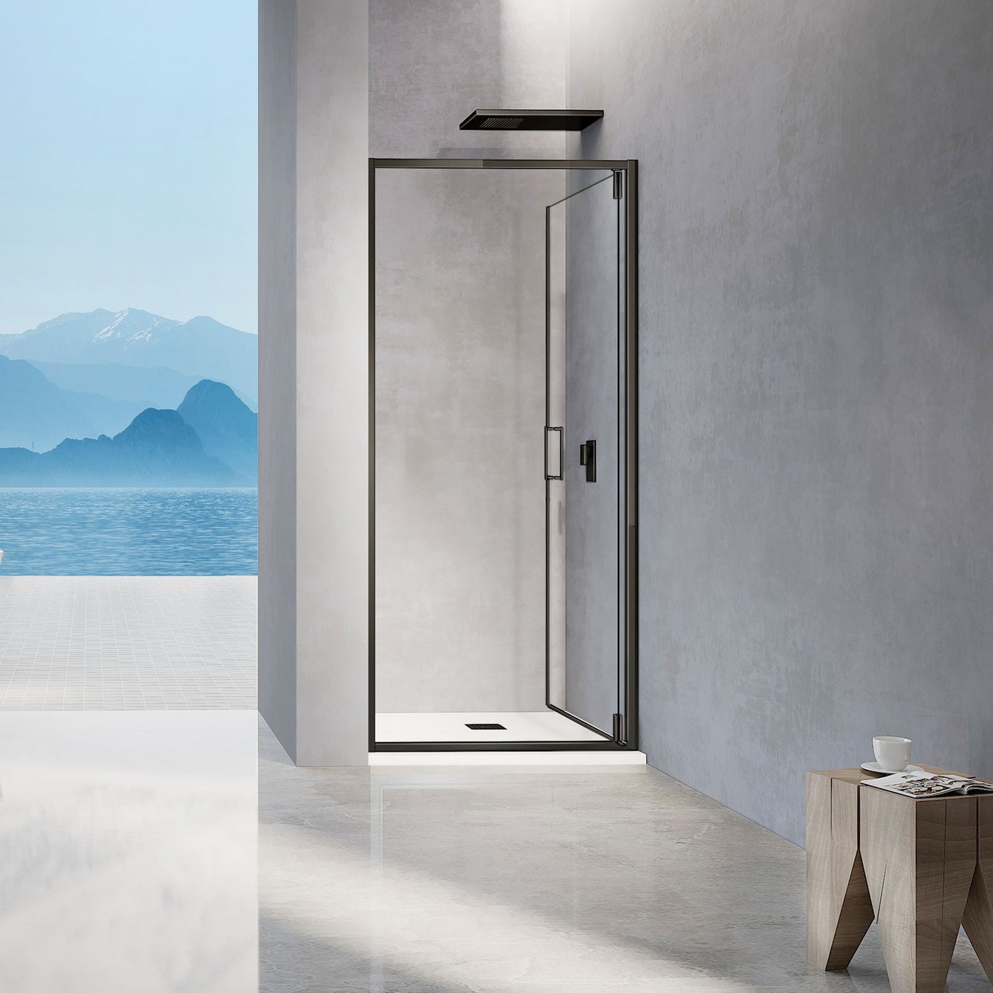Porte de douche pivotante h195 profilés alu noir ouverte vers l'intérieur