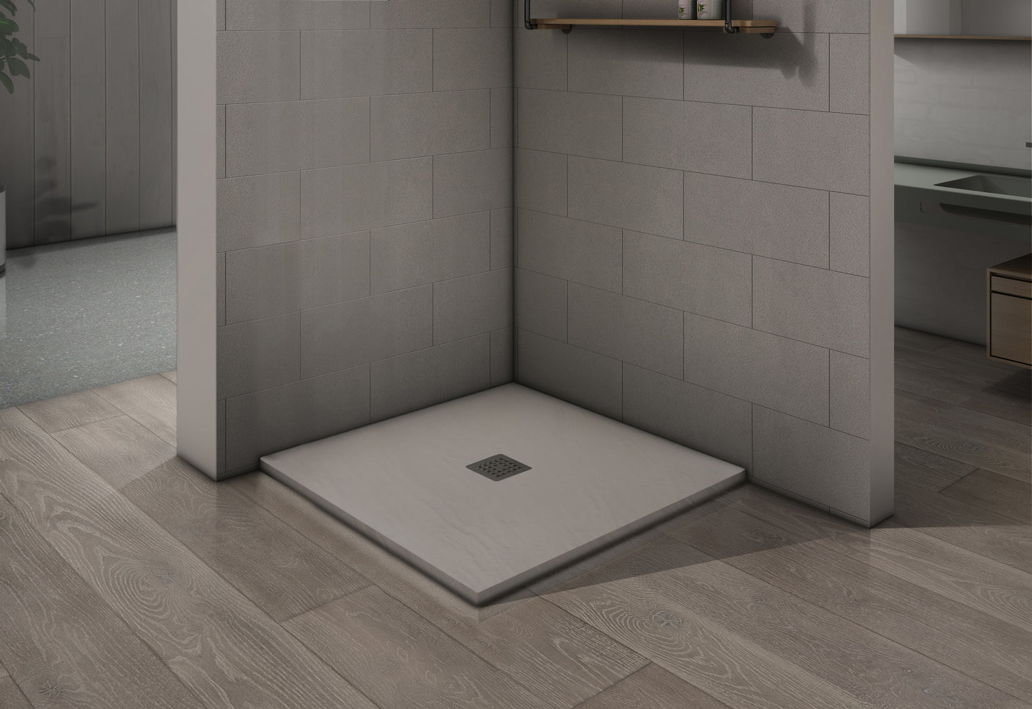 Receveur de douche carré en résine minérale de marbre extraplat et antidérapant avec grille en inox
