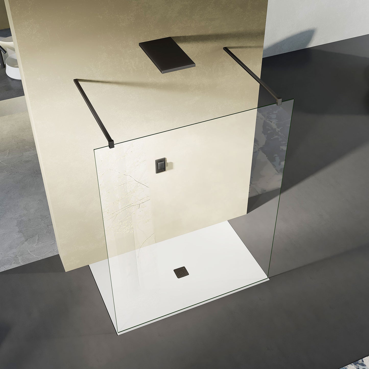 paroi de douche sans cadre avec deux barres en aluminium noir mat