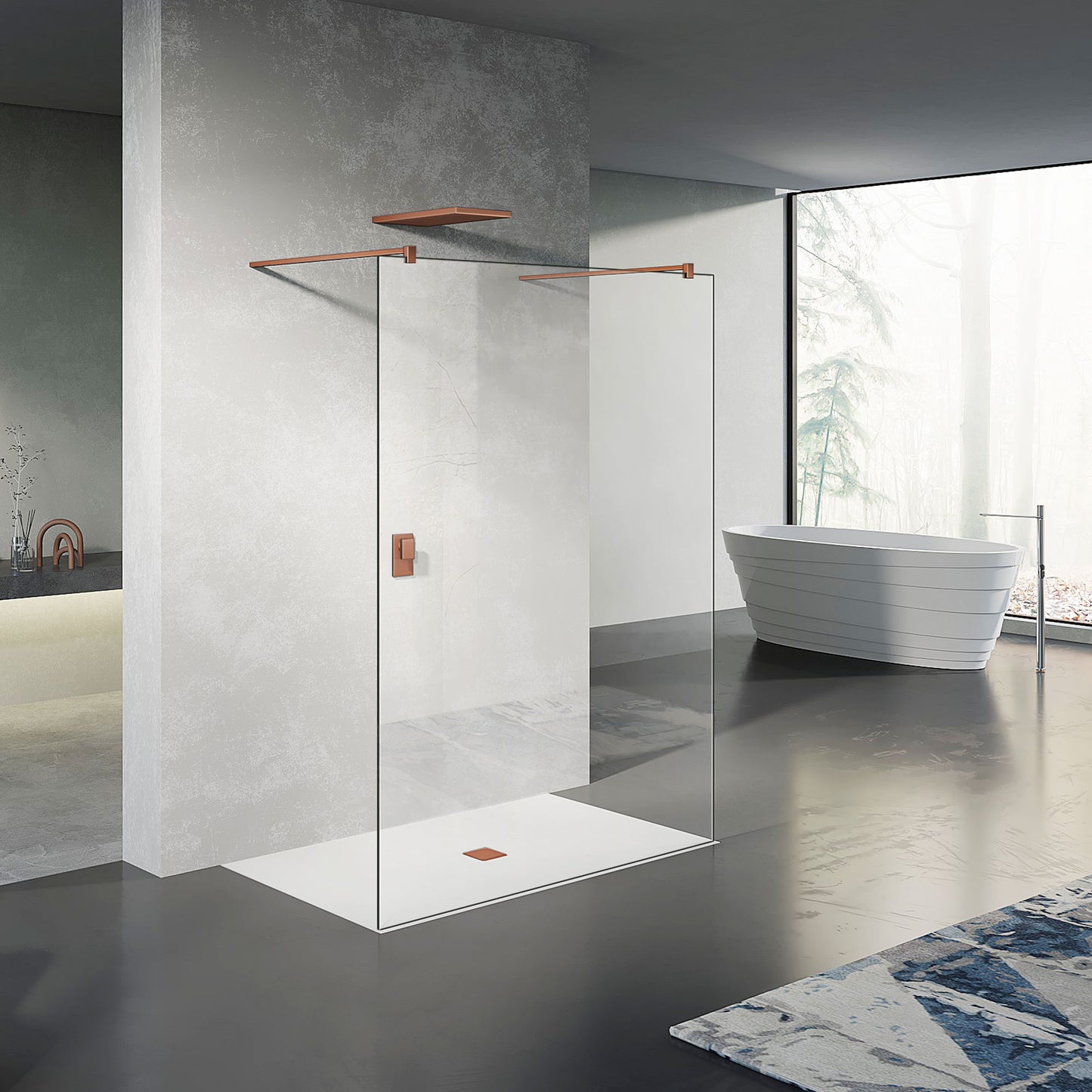 Paroi de douche sans cadre avec accessoires en aluminium rose gold