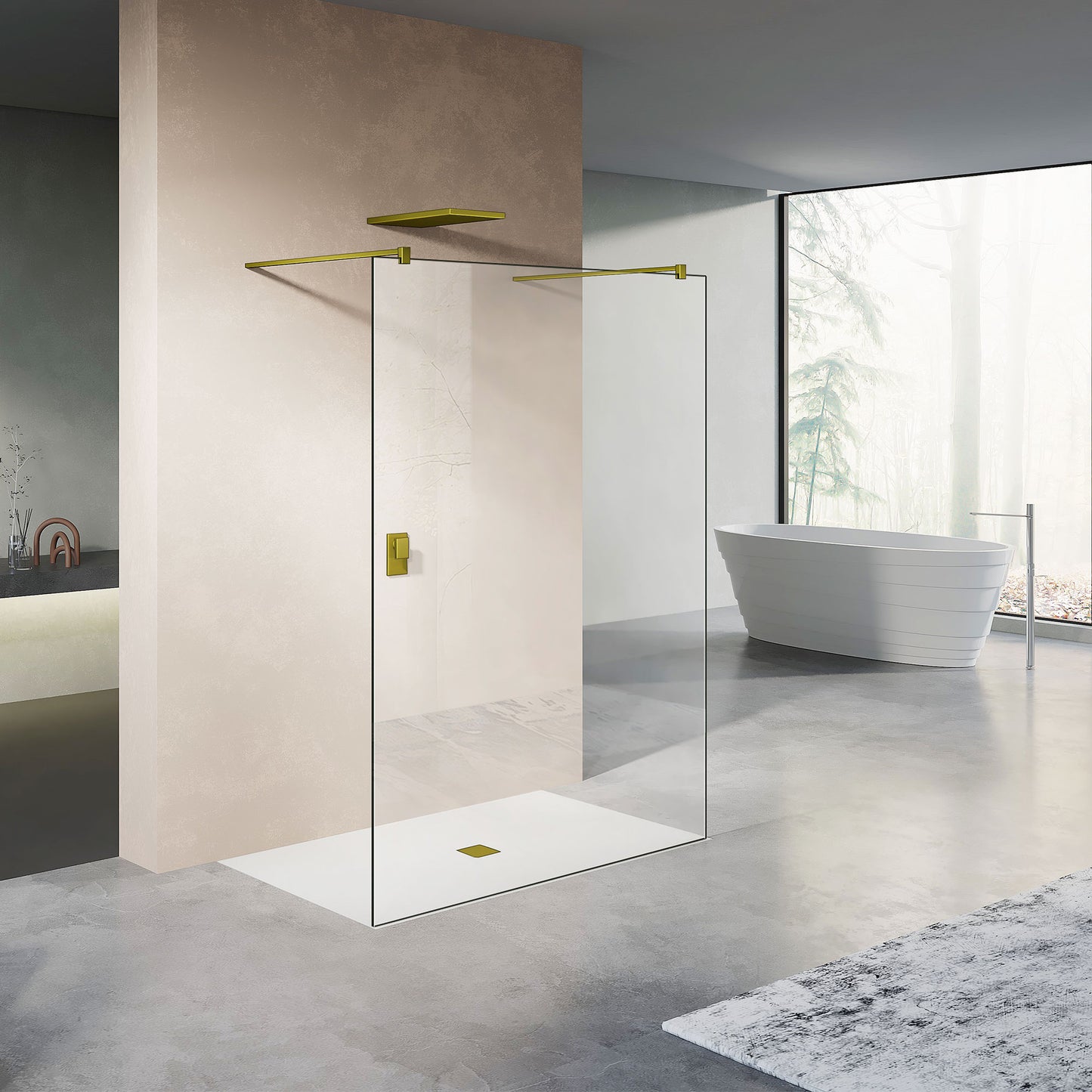 GRAND VERRE paroi de douche walkin sans cadre avec accessoires dorés