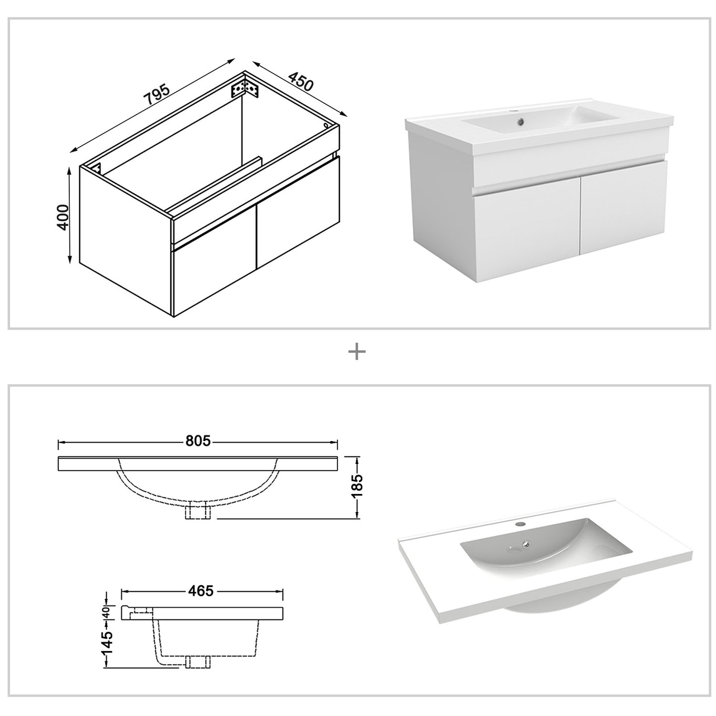 Meuble de salle de bain, sous vasque suspendue avec tiroirs de rangement 79x45x40