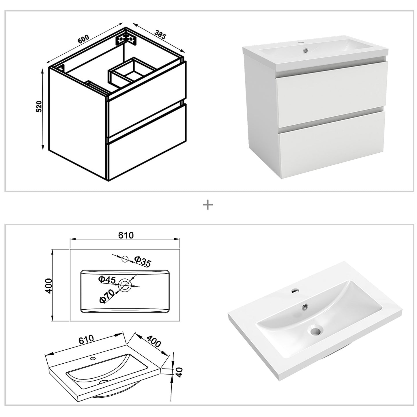Meuble de salle de bain sous-vasque avec deux tiroirs de rangement et lavabo