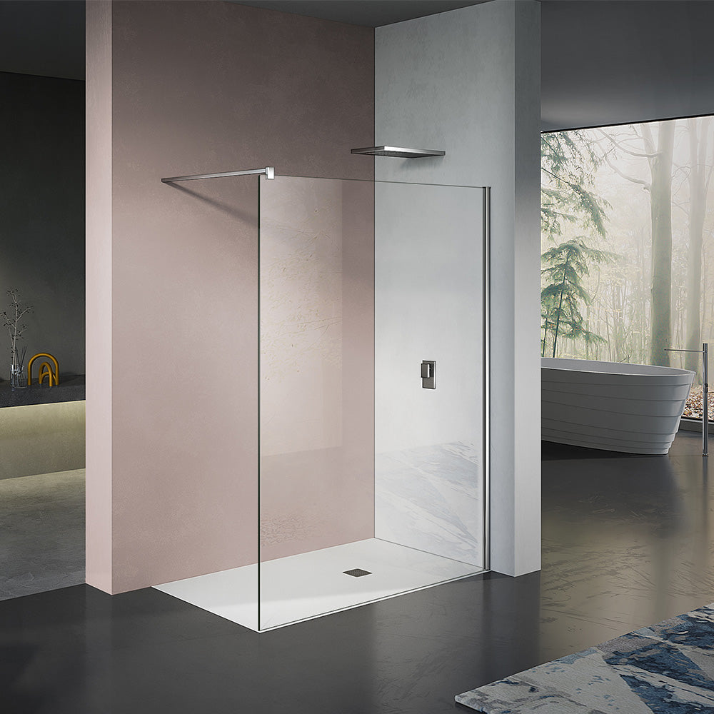 Paroi de douche en verre trempé, avec profilé mural et barre de fixation en aluminium chromé aspect inox