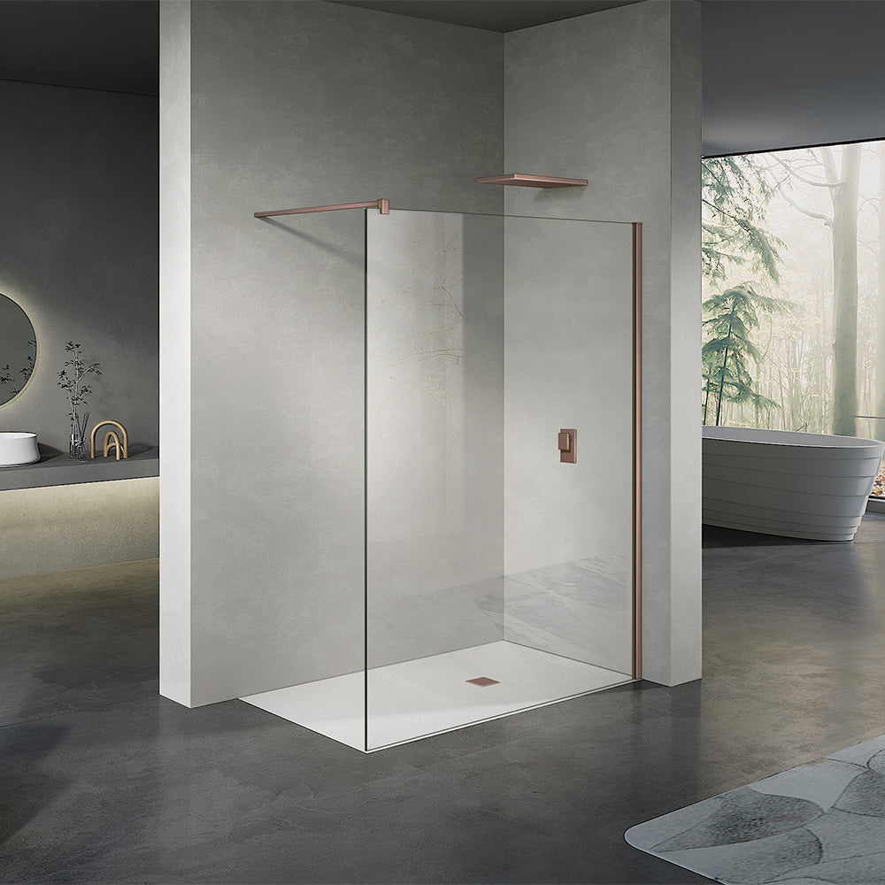 Paroi de douche en vitre securit avec barre de fixation et profilé mural en aluminium Rose gold