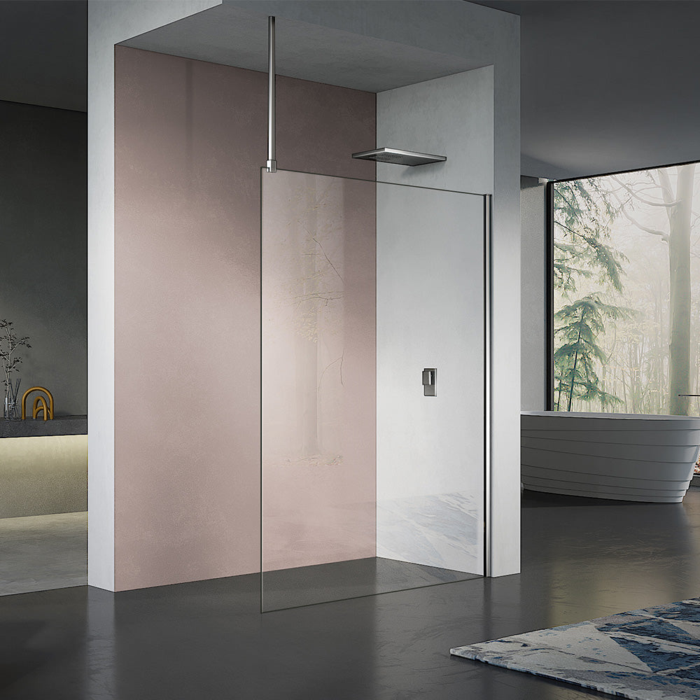 Paroi de douche à l'italienne aevc profilé mural et barre de fixation au plafond en aluminium chromé aspect inox