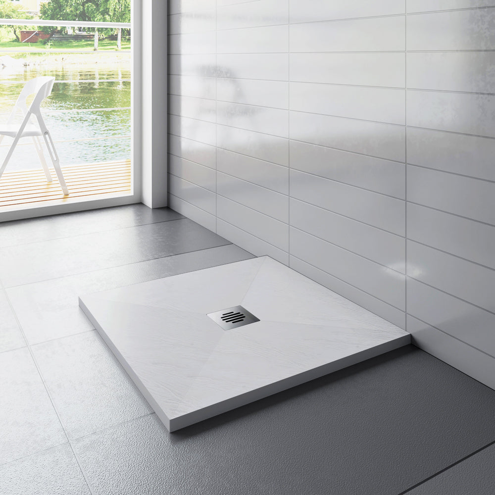 Receveur de douche Extra plat en résine Blanc antidérapant recoupable avec une grille en inox